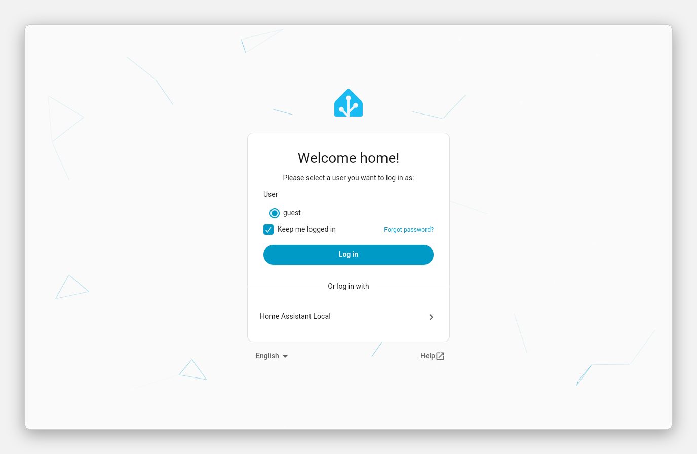 Home Assistant login page rendered inside Fully Kiosk, offering a choice of user and a local password login