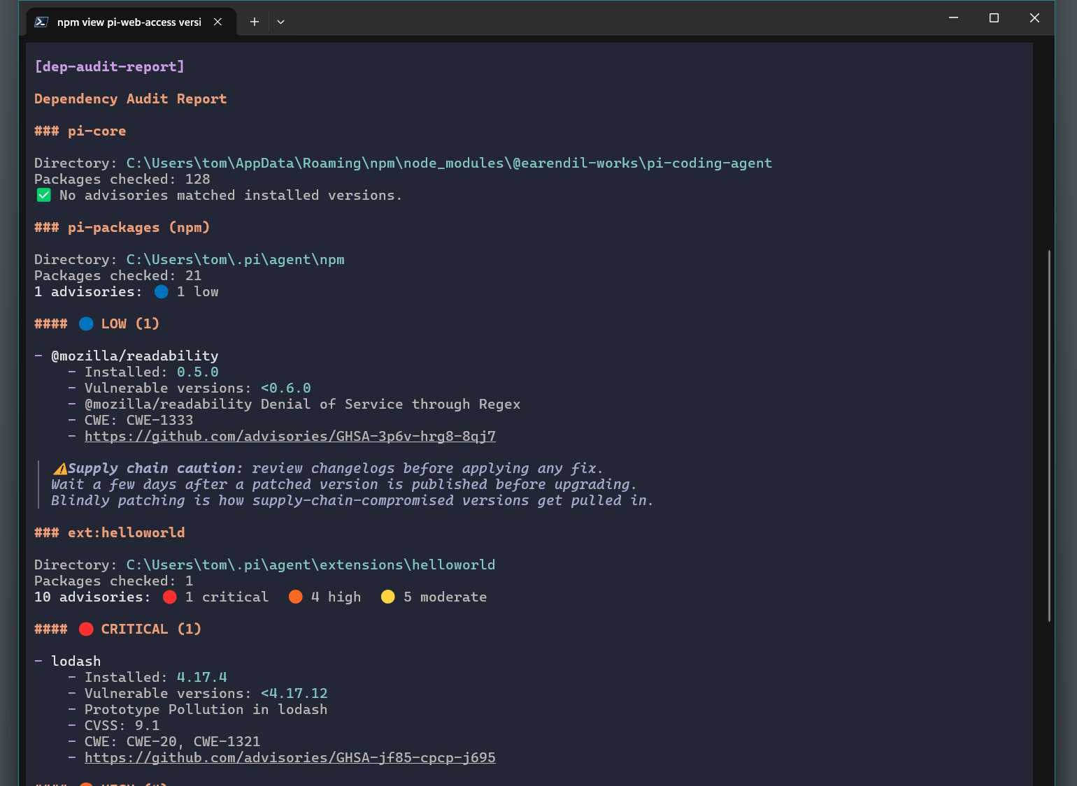 pi.dev Coding agent with our custom dependency auditing extension
