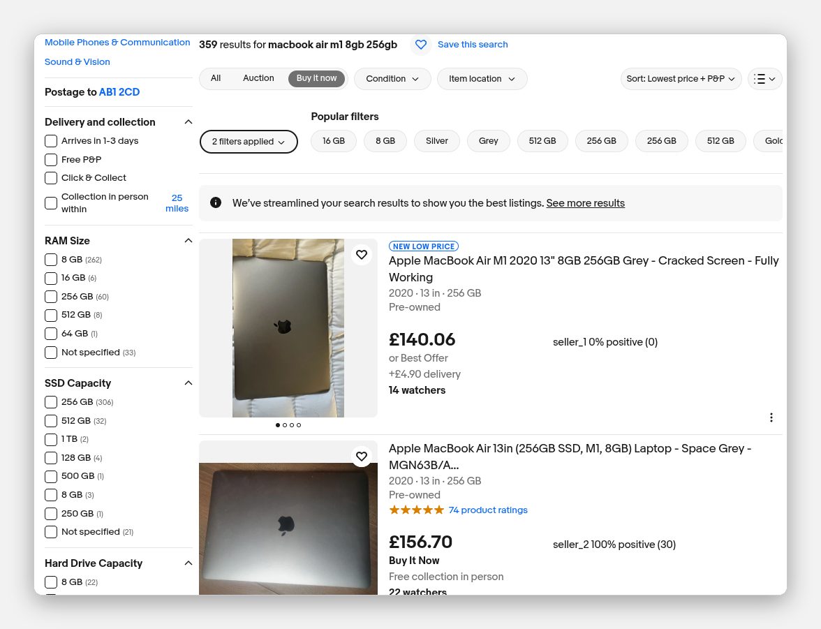eBay UK search results for a used M1 MacBook Air, sorted by lowest price, captured from the container browser