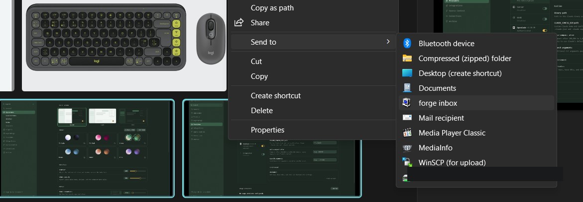 Windows right-click menu showing Send to, then the forge inbox entry.