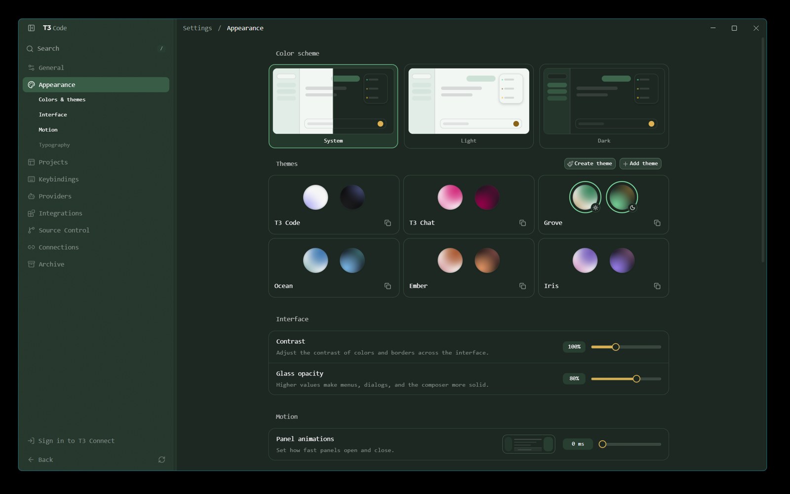 T3 Code’s dark theme picker, running against the forge environment.