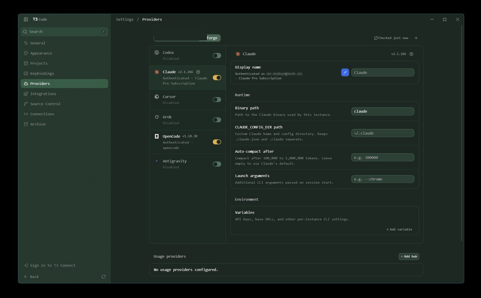 T3 Code’s Providers screen, showing Claude authenticated with a Pro subscription on the forge environment.