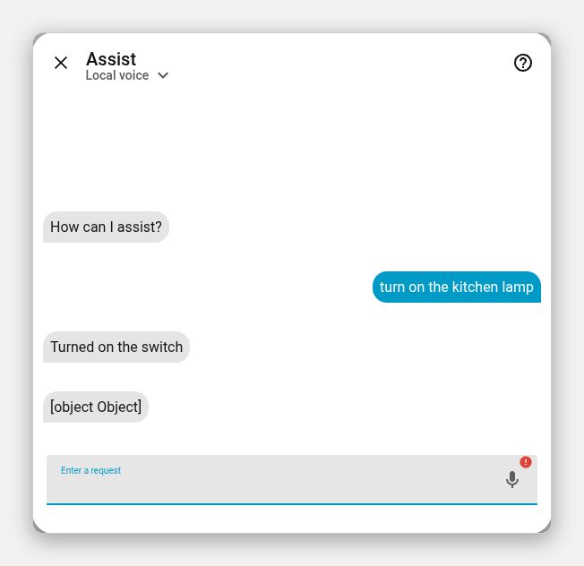 Home Assistant Assist dialog showing an [object Object] message after clicking the microphone over plain HTTP