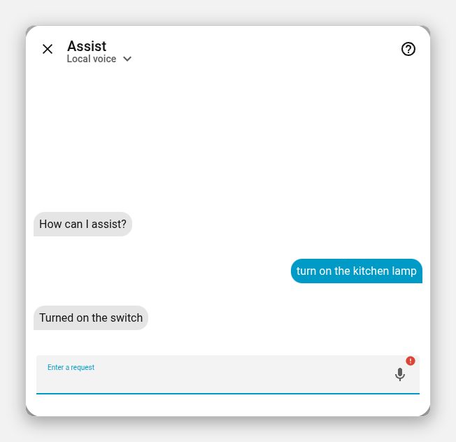 Home Assistant Assist dialog. The user typed ’turn on the kitchen lamp’ and Assist replied ‘Turned on the switch’
