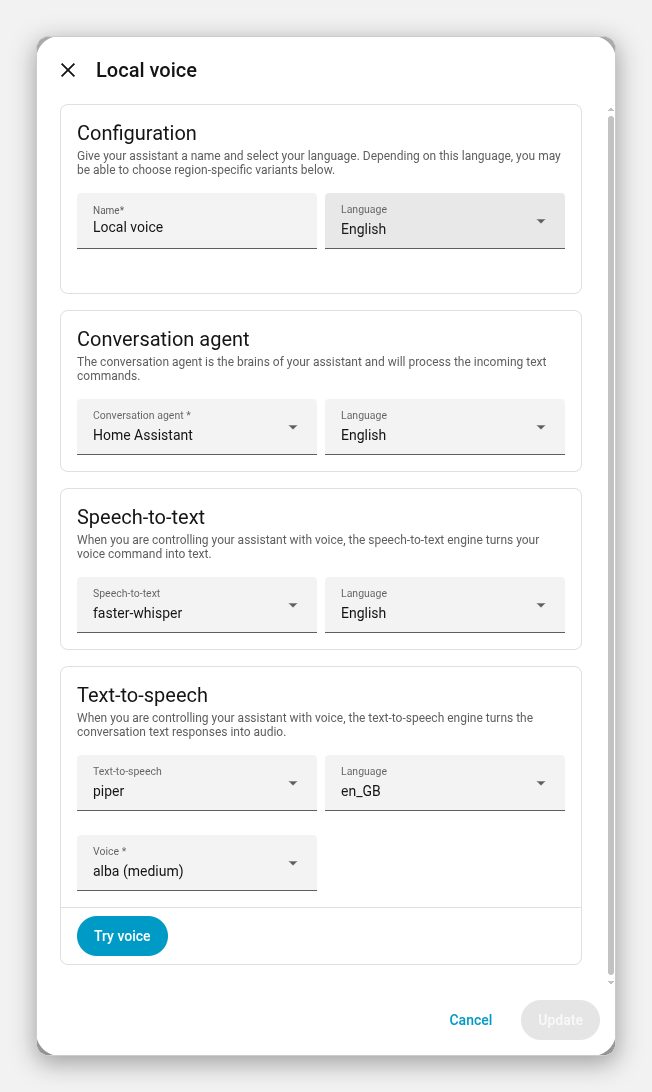 Home Assistant voice assistant settings with the Home Assistant conversation agent, faster-whisper for speech-to-text and Piper with the alba medium British voice for text-to-speech
