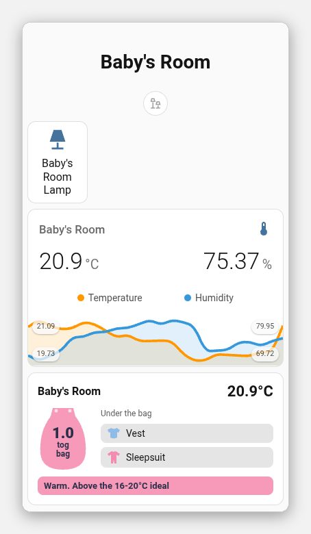 Home Assistant nursery view on a phone: a temperature and humidity graph, and below it the widget showing 20.9°C, a pink sleeping bag labelled 1.0 tog bag, vest and sleepsuit under the bag, and a Warm status bar