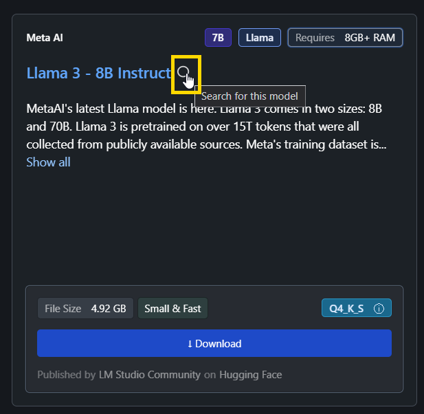 Install llama3 model in LM Studio: Finding the model
