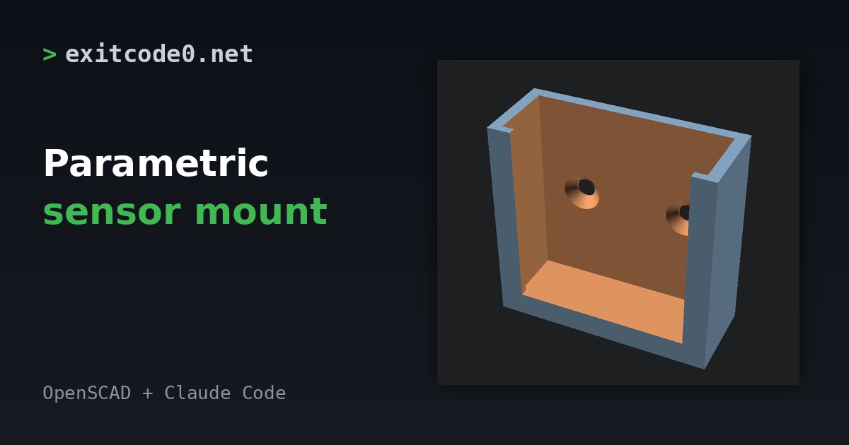 Rendered 3D model of a U-shaped wall bracket with two countersunk screw holes, next to the title Parametric sensor mount