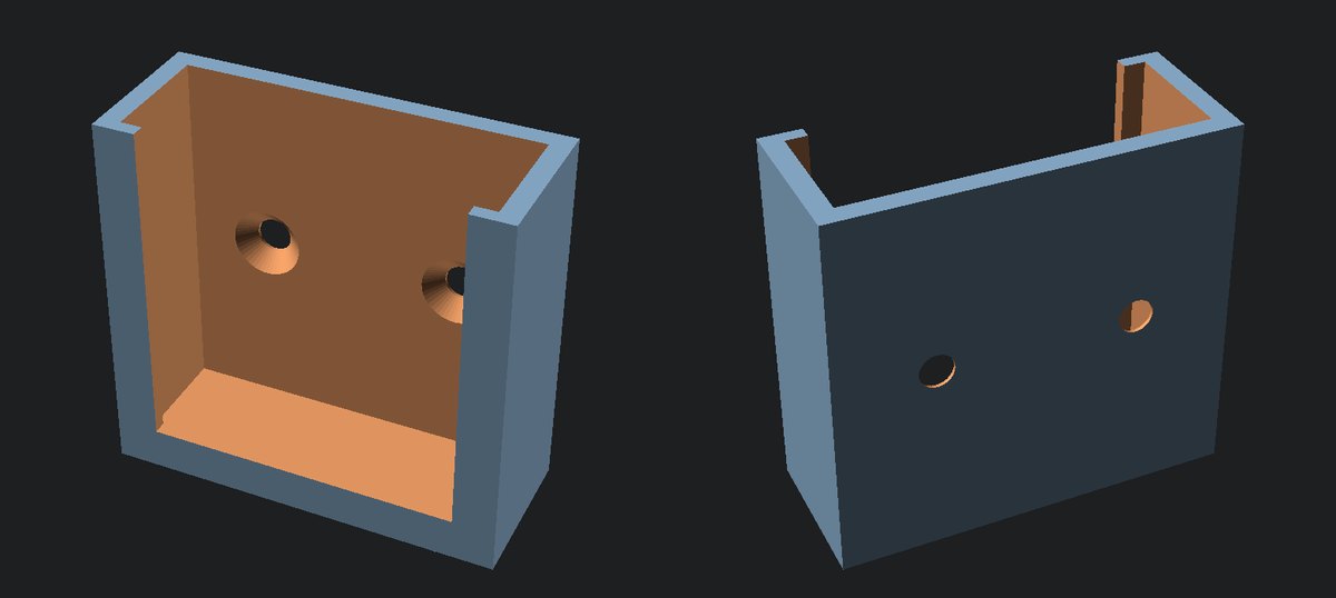 Two renders of the sensor mount. The left shows the pocket, the front lip and two countersunk screw holes. The right shows the flat back plate with the screw holes