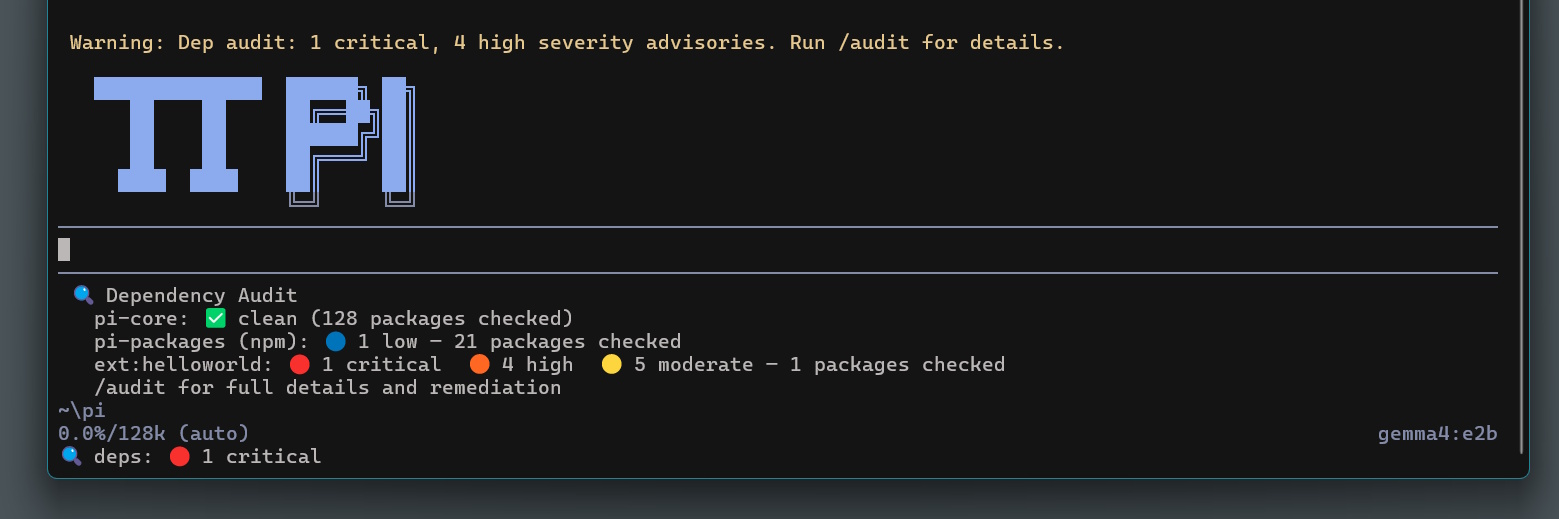 Pi Agent terminal showing the dep-audit widget flagging a critical lodash vulnerability