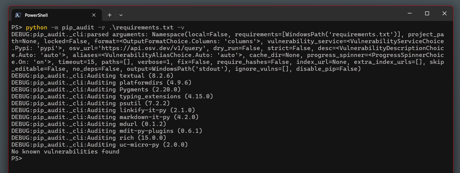 Terminal output showing pip-audit reporting no known vulnerabilities found against a requirements.txt file