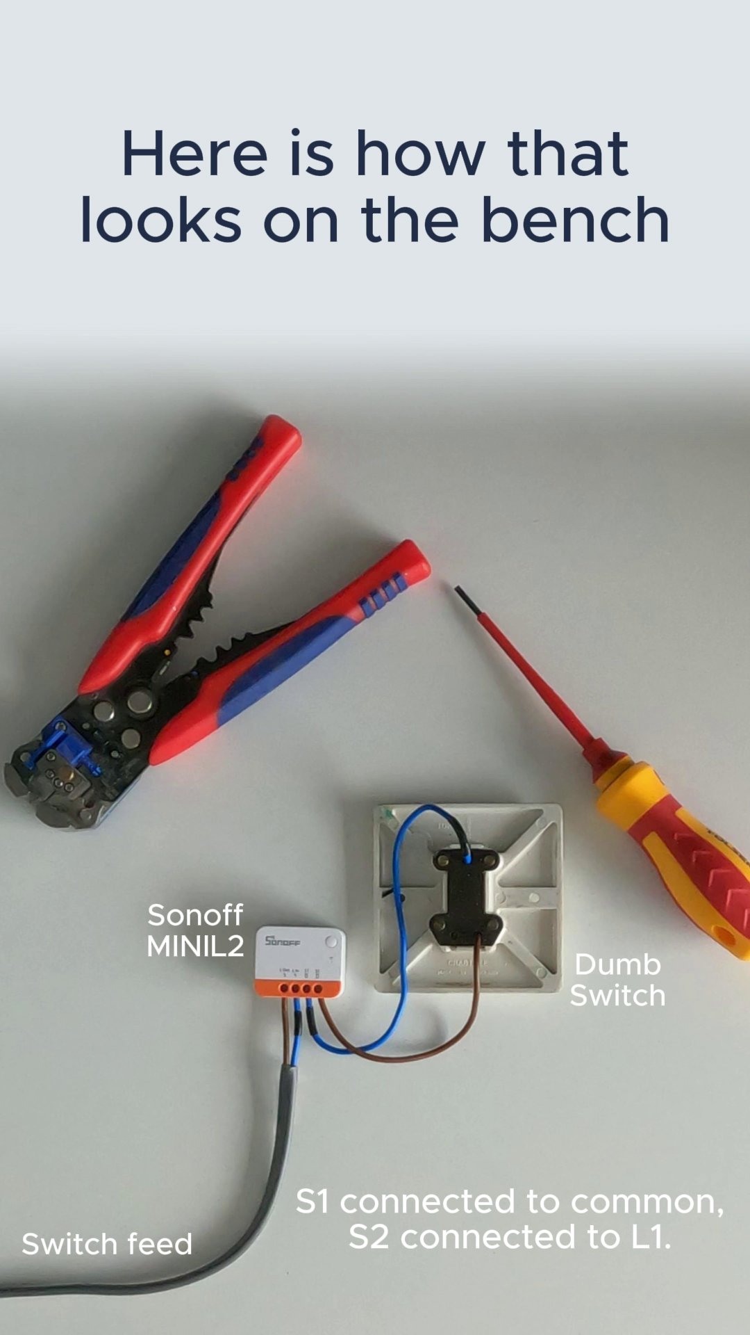 Wiring diagram showing the Sonoff ZBMINIL2 Lin and Lout terminals in the switched live, with S1 and S2 connected across the existing rocker switch