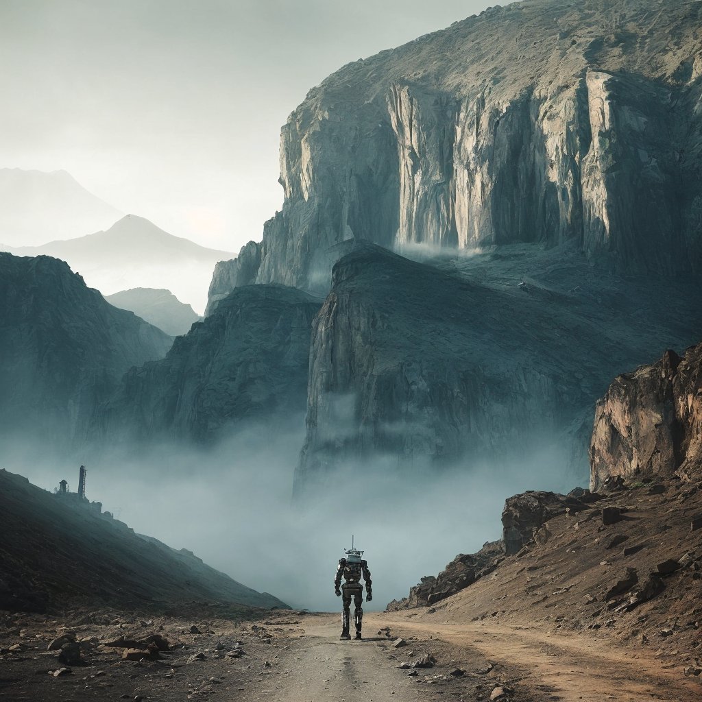 Lonely robots walking away into a cataclysmic valley part 1.