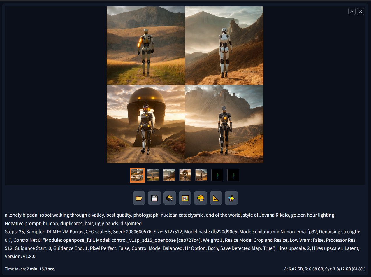 ControlNet OpenPose generating a batch of 4 images based on our wireframe and prompt.