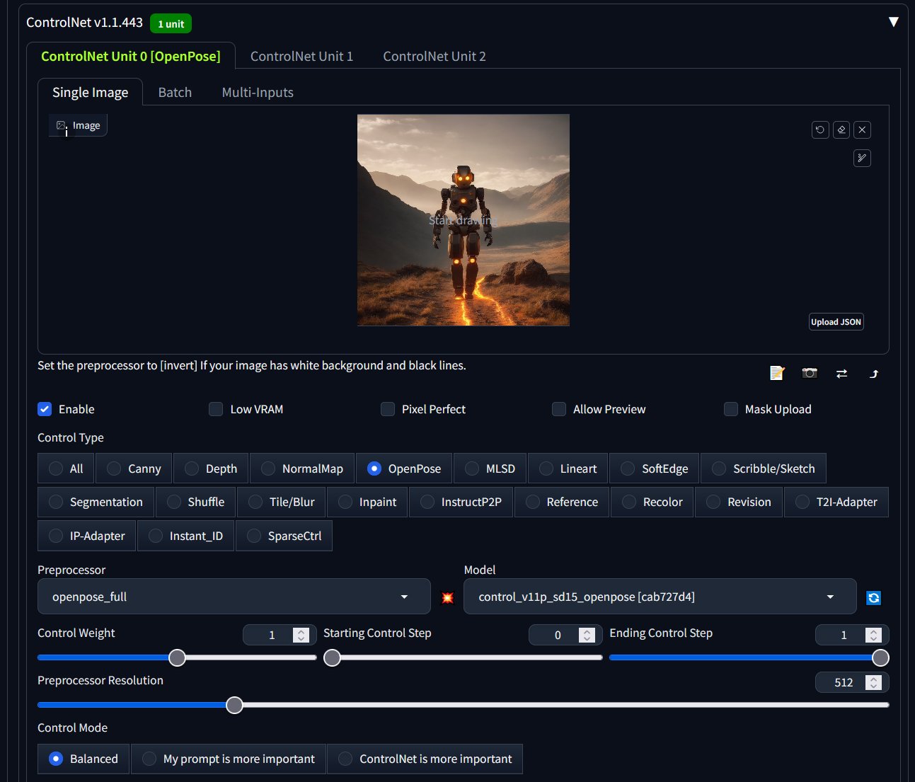ControlNet OpenPose using default values.