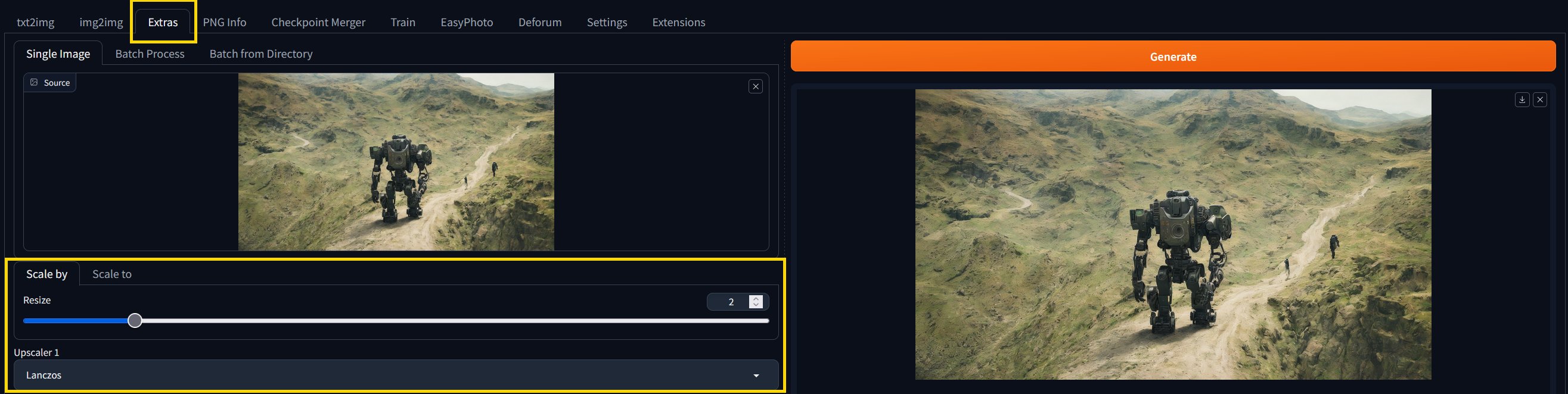 Upscaling with the Extras tab.