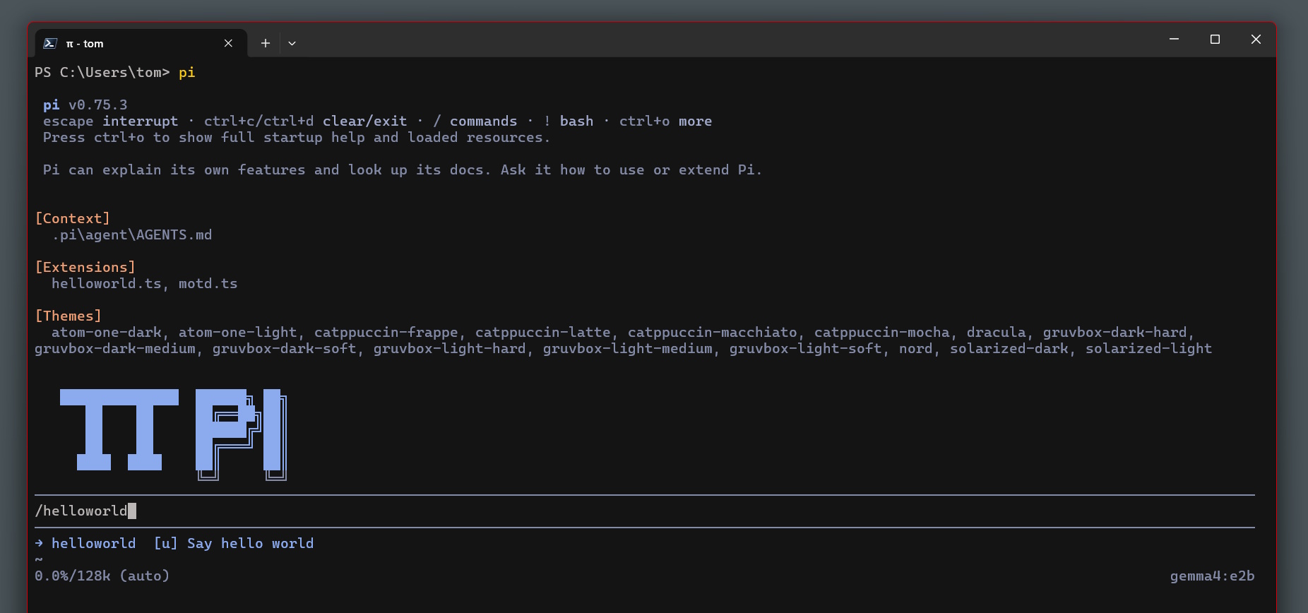Terminal showing Pi Agent startup with skills and extensions loaded